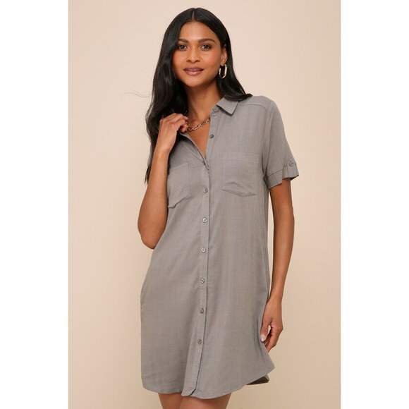 Lulus Dresses & Skirts - EUC/Like New - Lulus Oxford Comma Olive Green Shirt Dress - Size L